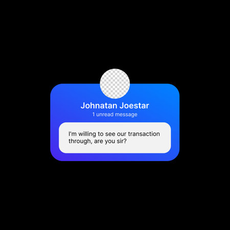 Unread Message Notification Banner Illustration. Social Media UI Concept on Black Background. Editable User Profile Icon, Name and Text in Blue Flat Design Frame. Web Element for Mobile Applications. Vector illustrationのイラスト素材