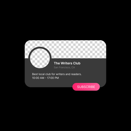 User Profile Notification Illustration. Social Media UI Concept. Two Empty Spaces for Adding Photo and User Profile Icon. Editable Name, Location and Information with Pink Subscribe Button. Web Element for Mobile Applications. Vector illustrationのイラスト素材