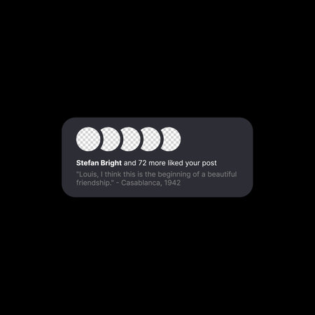 Post Like Notification Banner Illustration. Social Media UI Concept on Black Background. Five Empty...