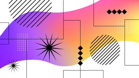 Modern Abstract Background Illustration. Purple-Yellow Gradient Wavy Line with Geometric Shapes of...