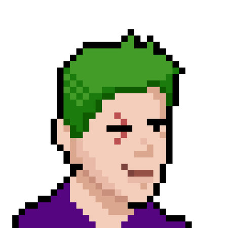 A computer game Character with green hair and a scar on his eye. Pixel art NFT concept. Vector illustrationのイラスト素材