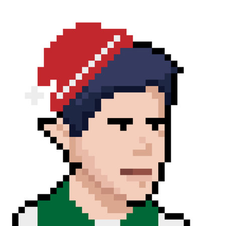 Christmas elf in a red Christmas hat. Pixel style NFT Concept. Vector illustrationのイラスト素材
