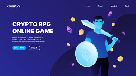 A man holding sword and shield. P2E Crypto Games Landing Page Concept. Crypto RPG online game. Vector illustrationのイラスト素材