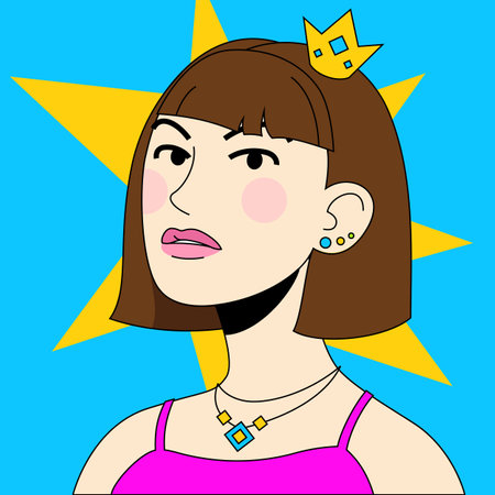 Princess with a golden crown NFT concept. Girl with brown hair. Vector illustrationのイラスト素材