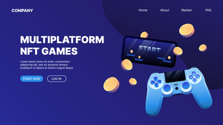 Joystick, game controller with monitor and flying coins. P2E Crypto Games Landing Page Concept. Multiplatform NFT Games. Vector illustrationのイラスト素材