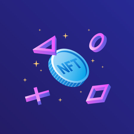 NFT Games. Flying Coin with geometric shapes. P2E Crypto Games Illustration. Vector illustrationのイラスト素材