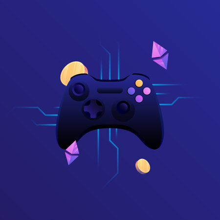 Joystick, game controller digital asset, flying coins, cryptocurrency logos. P2E Crypto Games Illustration. Best new NFT games. Vector illustrationのイラスト素材