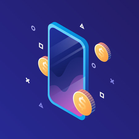 Smartphone with flying coins. P2E Crypto Games Illustration. Play to Earn phone games. Vector illustrationのイラスト素材
