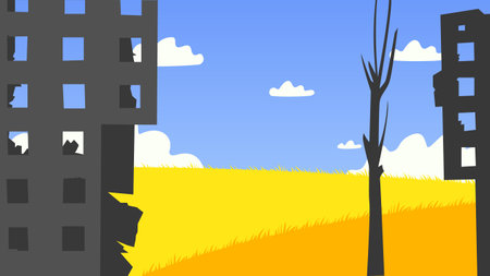 Destroyed buildings in front of a yellow field and blue sky. Vector illustrationのイラスト素材
