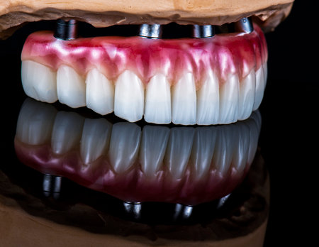 dental photography of full arch zircon bridge on implants