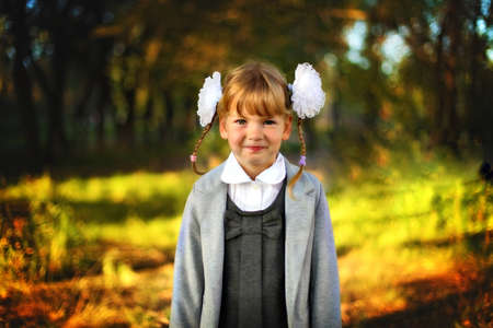 Beautiful girl schoolgirl with bows and smiles looking at the cameraの写真素材