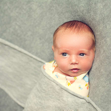 The newborn baby is 9 days old lies wrapped over a gray background. Beautiful boy is awake and quietly watching. Swaddling childrenの写真素材