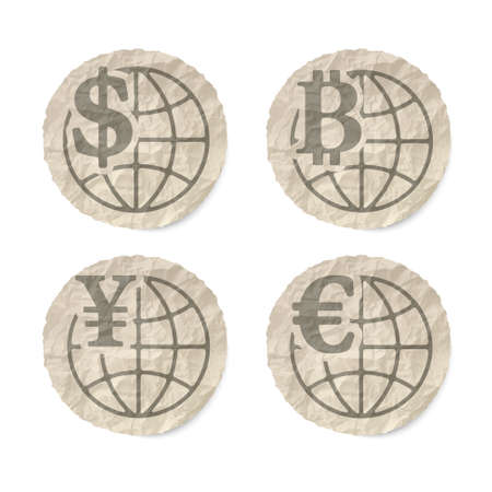 Crumpled slip of papers and a different currency iconsのイラスト素材