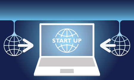 Two global symbols with arrows and laptop and start up iconのイラスト素材