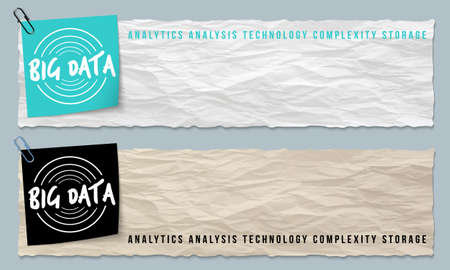 Two banners of crumpled paper with big data iconのイラスト素材
