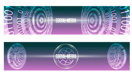 Set of two banners with binary code and social media iconのイラスト素材