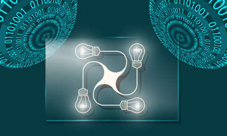 Two abstract circles with binary code and glass panel with bulb symbol