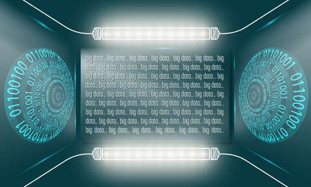 Two abstract circles with binary code and glass panel with the words big data and lightsのイラスト素材