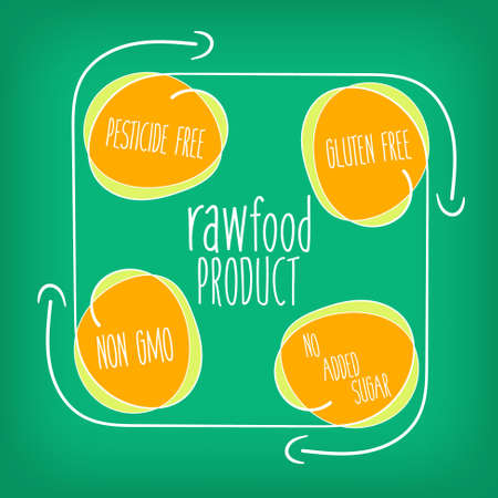 Four hand written colored objects with theme of raw foodのイラスト素材