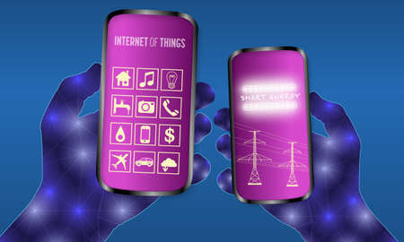 Two abstract hands holding a smartphone with internet and energy symbolsのイラスト素材