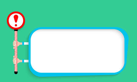 A blue text frame for your text and exclamation mark. Hands holding mark with red exclamation markのイラスト素材