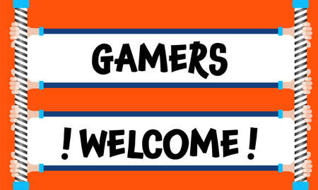Hands hold inscription: Gamers welcome. Vector concept for  printed materials, website, promotional materials.のイラスト素材