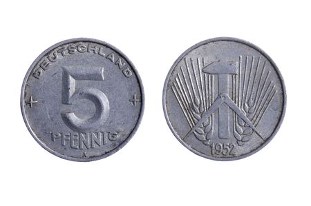 object on white - Deutschland pfenning coins close upの写真素材