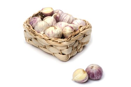 object on white - food garlic in box close upの写真素材