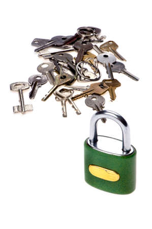 object on white - tool padlock with key close upの写真素材