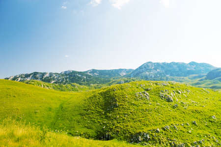 A view of the valley and the mountains of Durmitor National Park Montenegroの写真素材