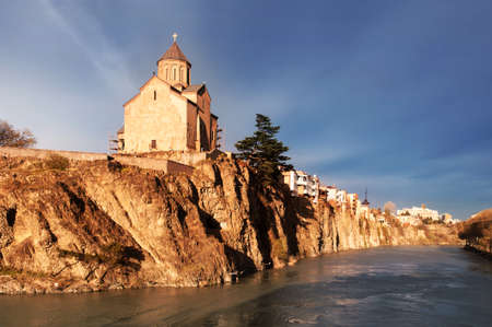 A view of the ancient church on a cliff Georgia Tbilisiの写真素材