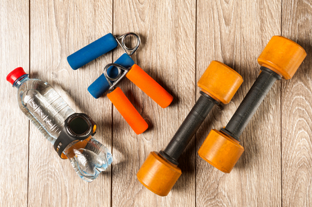 flat lay sport accessories expander with heart rate monitorの写真素材