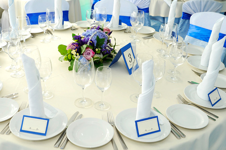 bouquet on a served table for a banquetの写真素材