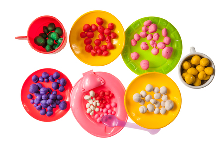 Toy food from plasticine jelly beans isolated on whiteの写真素材