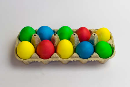Easter eggs in a trayの写真素材