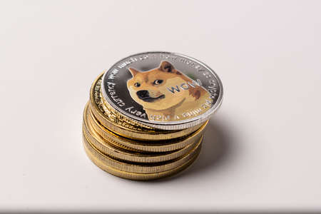 Dogecoin and other crypto coins on a light background cryptocurrencyの写真素材