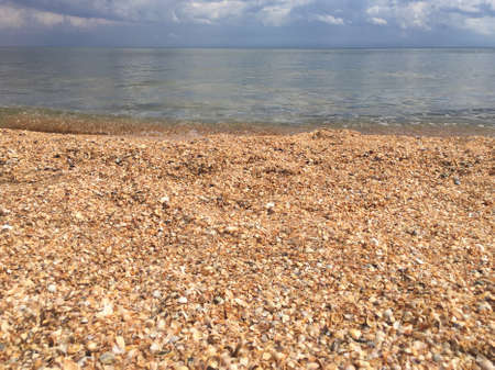 Seashore from small seashells blue sky and white cloudsの写真素材