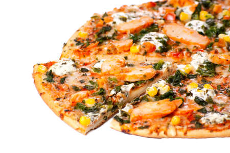 Chicken pizza on a white backgroundの写真素材