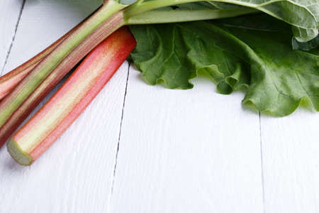 Bundle of rhubarb on white wooden table.の写真素材