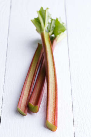 rhubarb on white wooden table.の写真素材