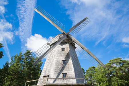 Wooden windmill near the forest in summer.の写真素材