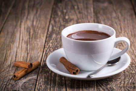 Cup of delicious hot chocolate with cinnamon and chocolate candies.の写真素材