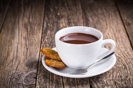 Cup of delicious hot chocolate with homemade oat cookies.の写真素材