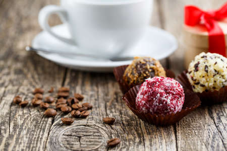 Vegetarian truffle candies for present on wodden table.の写真素材