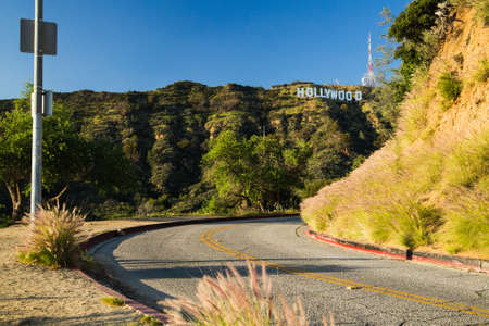 View on famous road to mountain with hollywood in Los angeles.のeditorial素材