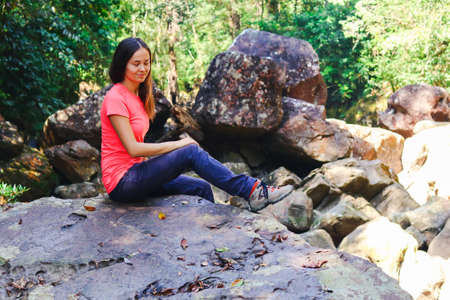 Traveller relax in wild natureの写真素材