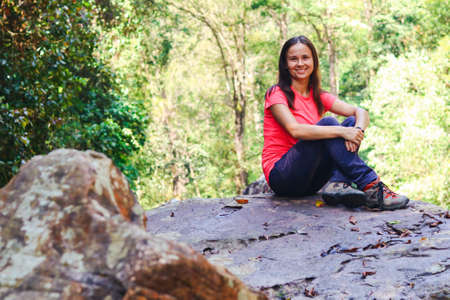 Traveller relax in wild natureの写真素材