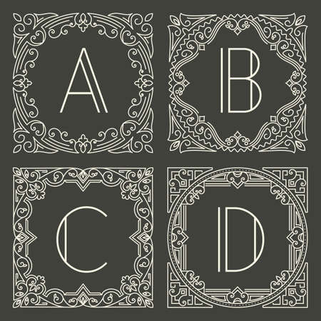 Set of vector floral and geometric monogram icon with capital letter on dark gray background. Monogram design element.のイラスト素材