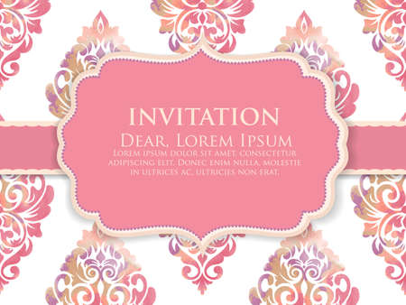 Invitation or wedding card with damask background and elegant floral elements.のイラスト素材