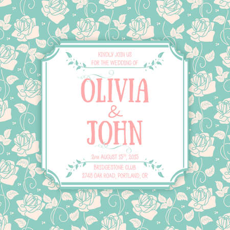 Wedding invitation card. Vector invitation card with seamless floral background and elegant frame with text.のイラスト素材